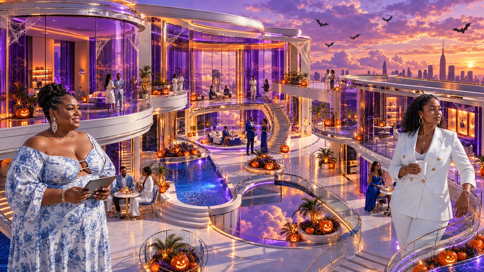 The Glam Hustle Hub mansion dressed for Halloween, with purple and orange lighting, glowing pumpkins, and the same welcoming characters