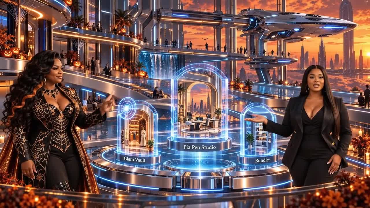 Glam and Mila presenting the Glam Vault, Pia Pin Studio, and Bundles portals in the futuristic Halloween hub